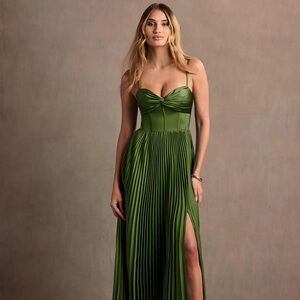 Azazie Tyla olive green pleated maxi dress